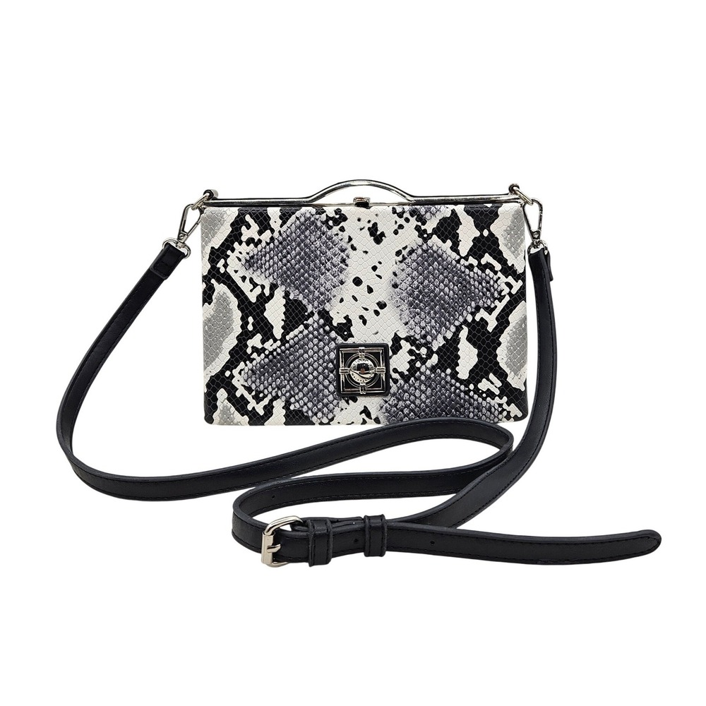 Catherine Malandrino Snakeskin Print Frame Crossbody Bag Grey Black Silver